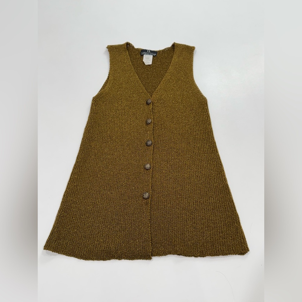 Vintage Carole Little Olive Gold Metallic Sleeveless Button Up Knit Dress S Mini - Picture 3 of 8